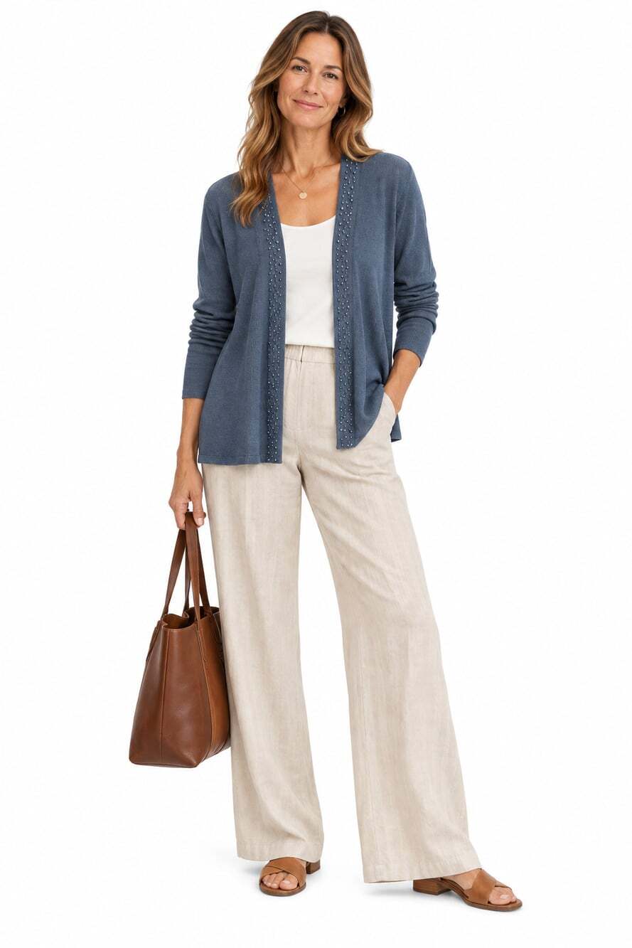 Eileen Fisher Women's Muted Blue Beaded Open Front Cardigan (Size M)